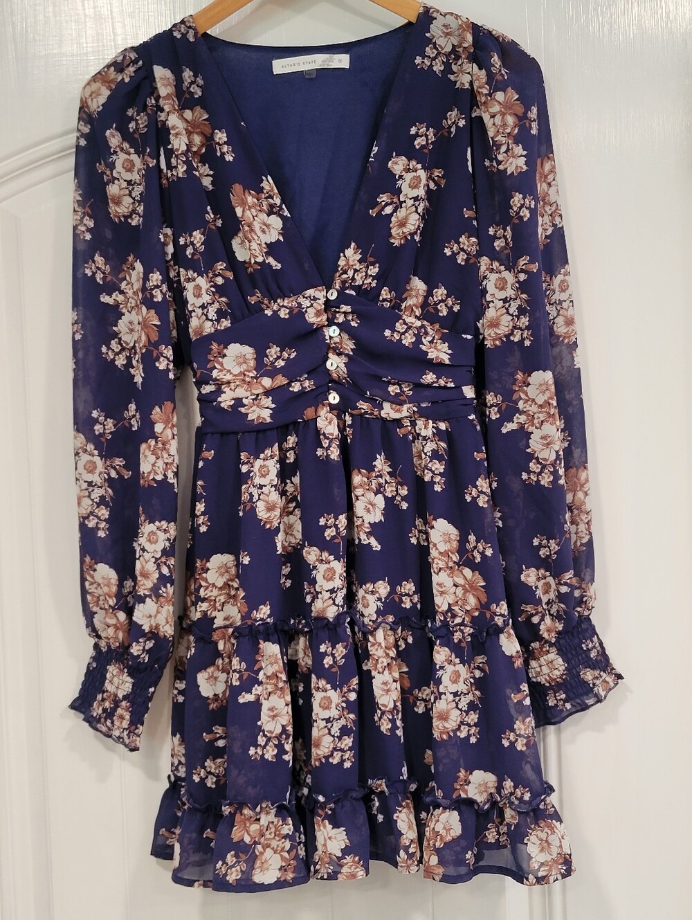 Altar'd State Mini Boho Ruffle V Neck Navy & Floral Dress Size Small Long Sleeve